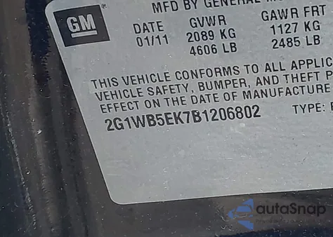 2011 Chevrolet Impala Lt z USA, uszkodzony, nr VIN 2G1WB5EK7B1206802